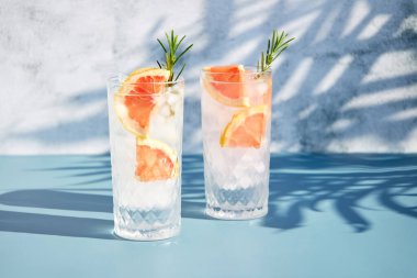 Taze greyfurt dilimli soğuk bir kokteyl ve palmiye ağaçlarının gölgesinde biberiye filizi. Yaz soğuk içecekleri. Limonlu gazoz..