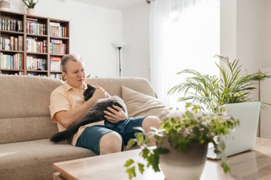 Kollarında gri kedisi olan bir adam kanepede oturur ve dizüstü bilgisayarla televizyon seyreder. Uzaktan öğrenme ya da çalışma, işten sonra en sevdiğin evcil hayvanınla rahatlama.