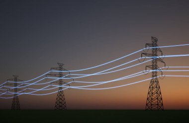 Gökyüzünün önündeki yüksek voltaj kulesi - 3D İllüstrasyon