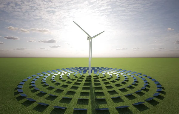 風力発電タービンと太陽光発電 3Dイラスト — ストック写真