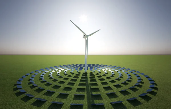Вітроенергетичні Турбіни Сонячна Енергія Відкритому Ландшафті Illustration — стокове фото