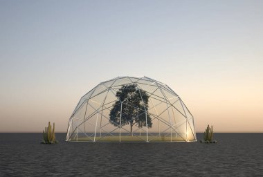 tree under a glass dome in desert area - 3D Illustration