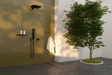 Duşu ve ağacı olan modern lüks banyo - 3D Görüntü