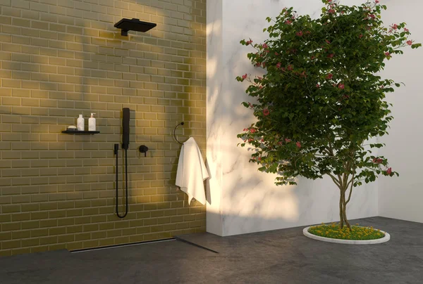 Modernes Luxusbadezimmer Mit Dusche Und Baum Illustration — Stockfoto