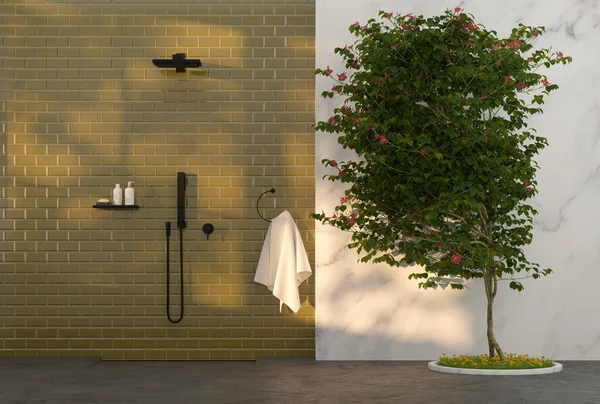 Modern Luxus Fürdőszoba Zuhanyzóval Fával Illusztráció — Stock Fotó