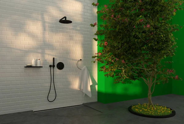 Modernes Luxusbadezimmer Mit Dusche Und Baum Illustration — Stockfoto