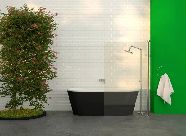 Modern Luxus Fürdőszoba Zuhanyzóval Fával Illusztráció — Stock Fotó