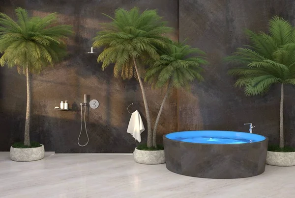 Modern Luxus Fürdőszoba Zuhanyzóval Tenyérrel Illusztráció — Stock Fotó