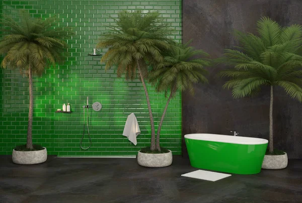 Modern Luxus Fürdőszoba Zuhanyzóval Tenyérrel Illusztráció — Stock Fotó