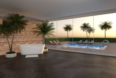 Duşu, yüzme havuzu ve palmiyesi olan modern lüks banyo - 3 boyutlu resim