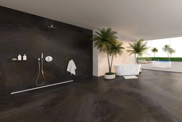 Modern Luxus Fürdőszoba Zuhanyzóval Medencével Tenyérrel Illusztráció — Stock Fotó