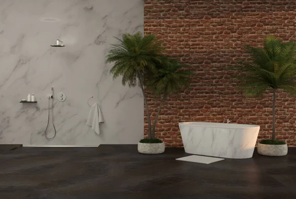 Modern Luxus Fürdőszoba Zuhanyzóval Medencével Tenyérrel Illusztráció — Stock Fotó