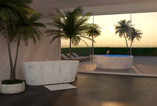 Modernes Luxusbadezimmer Mit Dusche Pool Und Palme Illustration — Stockfoto