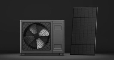 Isı pompası enerjisinin ısıtıcı ve alternatif enerji olarak dönen pervanesi - 3D animasyon 4k 60 fps DCI kusursuz döngü