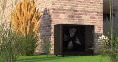 Isı pompası enerjisinin ısıtıcı ve alternatif enerji olarak dönen pervanesi - 3D animasyon 4k 60 fps DCI kusursuz döngü