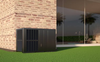Isı pompası enerjisi ve ısıtıcı olarak güneş paneli ve alternatif yeşil enerji - 3D Görüntü