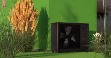 Isı pompası enerjisinin ısıtıcı ve alternatif enerji olarak dönen pervanesi - 3D animasyon 4k 60 fps DCI kusursuz döngü