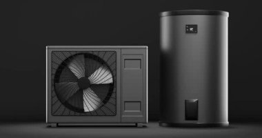 Isı pompası enerjisi depolama tankı ile alternatif enerji olarak dönen fan - 3D animasyon 4k 60 fCI 