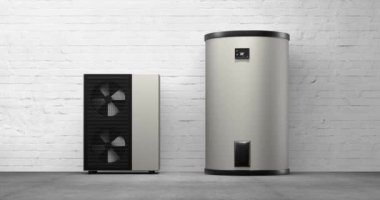 Bir ısı pompası enerjisini ısıtıcı ve depolama tankı ile alternatif enerji olarak dönen fan - 3D animasyon 4k 60 fCI kusursuz döngü 