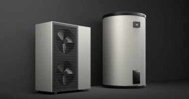 Bir ısı pompası enerjisini ısıtıcı ve depolama tankı ile alternatif enerji olarak dönen fan - 3D animasyon 4k 60 fCI kusursuz döngü 