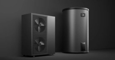 Bir ısı pompası enerjisini ısıtıcı ve depolama tankı ile alternatif enerji olarak dönen fan - 3D animasyon 4k 60 fCI kusursuz döngü 