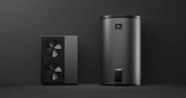 Bir ısı pompası enerjisini ısıtıcı ve depolama tankı ile alternatif enerji olarak dönen fan - 3D animasyon 4k 60 fCI kusursuz döngü 