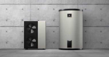 Bir ısı pompası enerjisini ısıtıcı ve depolama tankı ile alternatif enerji olarak dönen fan - 3D animasyon 4k 60 fCI kusursuz döngü 