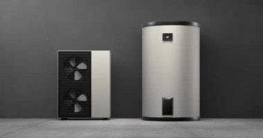 Bir ısı pompası enerjisini ısıtıcı ve depolama tankı ile alternatif enerji olarak dönen fan - 3D animasyon 4k 60 fCI kusursuz döngü 