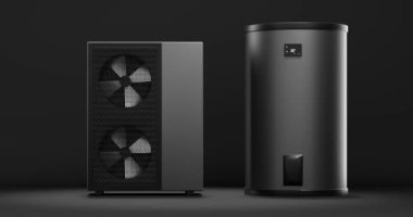 Bir ısı pompası enerjisini ısıtıcı ve depolama tankı ile alternatif enerji olarak dönen fan - 3D animasyon 4k 60 fCI kusursuz döngü 