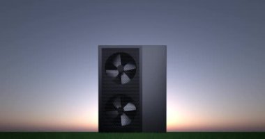 Bir ısı pompası enerjisini ısıtıcı ve alternatif enerji olarak dönen fan - 3D animasyon 4k 60 fps DCI dipsiz döngü