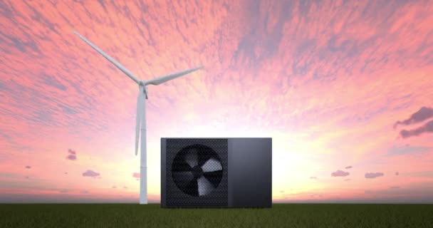 Rotationsventilator Einer Wärmepumpe Energie Als Heizung Mit Windkraftanlage Animation Fps — Stockvideo