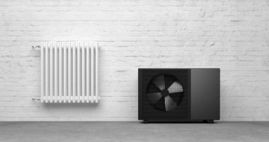 Isı pompası enerjisini ısıtıcı ve alternatif enerji olarak dönen fan - 3D animasyon 4k 60 fCI kusursuz döngü 