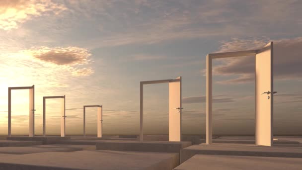 带有门和云的抽象业务符号 3D动画 — 图库视频影像