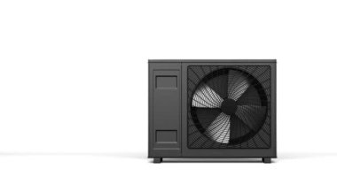 Bir ısı pompası enerjisini ısıtıcı ve alternatif enerji olarak dönen fan - 3D animasyon 4k 60 fps DCI dipsiz döngü