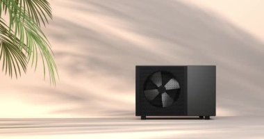 Bir ısı pompası enerjisini ısıtıcı ve alternatif enerji olarak dönen fan - 3D animasyon 4k 60 fps DCI dipsiz döngü 