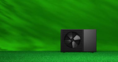 Bir ısı pompası enerjisini ısıtıcı ve alternatif enerji olarak dönen fan - 3D animasyon 4k 60 fps DCI dipsiz döngü 