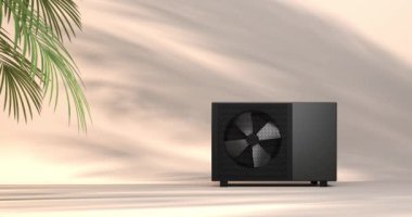 Bir ısı pompası enerjisini ısıtıcı ve alternatif enerji olarak dönen fan - 3D animasyon 4k 60 fps DCI dipsiz döngü 