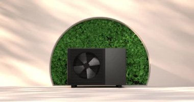 Bir ısı pompası enerjisini ısıtıcı ve alternatif enerji olarak dönen fan - 3D animasyon 4k 60 fps DCI dipsiz döngü 