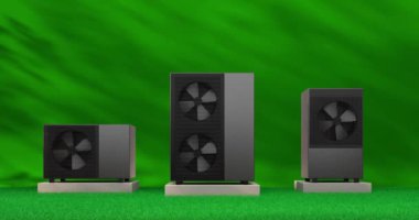 Bir ısı pompası enerjisini ısıtıcı ve alternatif enerji olarak dönen fan - 3D animasyon 4k 60 fps DCI dipsiz döngü 