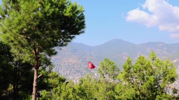 Záběry Turecké Vlajky Vlající Větru Stromy Kolem Něj Výhledem Město — Stock video