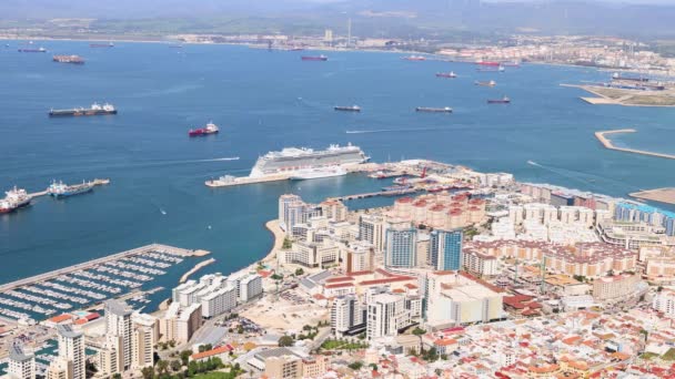 Nagranie Szczycie Słynnej Skały Gibraltarskiej Okresie Letnim Pokazujące Miasto Port — Wideo stockowe