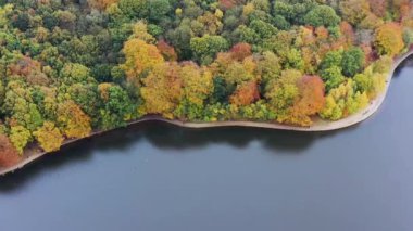 Sonbaharda Batı Yorkshire İngiltere 'de Roundhay Park olarak bilinen Leeds' teki güzel sonbahar renklerini gösteren hava görüntüleri, ormanlık alan, göl ve golf sahasını gösteriyor..