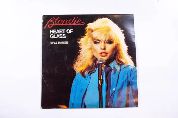 stock image London UK, 4th Feb 2024 An old 7inch vinyl record by the band Blondie with the seventies song Heart of Glass in its original sleeve