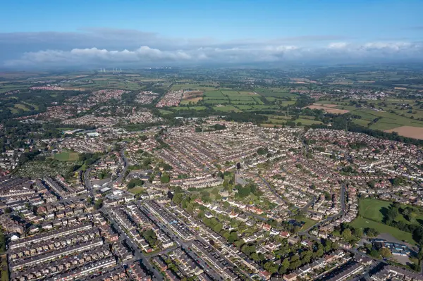 stock image Aerial drone photo of the British town of Harrogate in North Yorkshire England which is east of the Yorkshire Dales in the summer time showing streets of residential housing estates from above