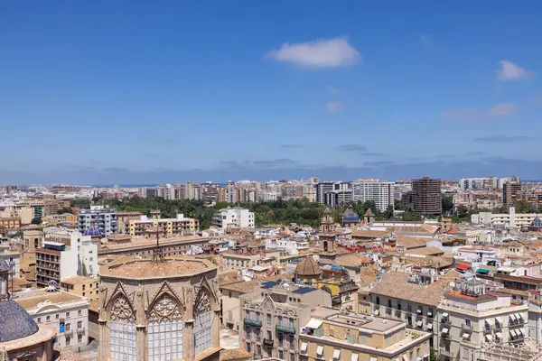 stock image Aerial drone photo of the city centre of the Spanish city of Valencia in the Summer time showing an aerial view of the historical old buildings in the centre on a sunny day