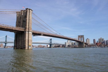 Amerika Birleşik Devletleri 'nin New York şehrindeki ünlü Brooklyn Köprüsü arka planda Brooklyn Heights ve doğu nehrinin güneşli ve bulutlu bir günde çekildiğini gösteriyor.