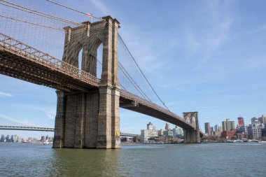 Amerika Birleşik Devletleri 'nin New York şehrindeki ünlü Brooklyn Köprüsü arka planda Brooklyn Heights ve doğu nehrinin güneşli ve bulutlu bir günde çekildiğini gösteriyor.