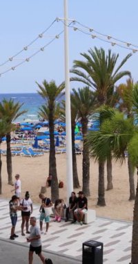 Benidorm İspanya, 15 Temmuz 2024: Benidorm şehrinin ünlü Benidorm Levante Sahili ve İspanyol sahil cephesinin yaz mevsiminde çekilmiş portre görüntüleri