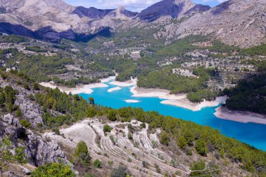 Guadalest, İspanya 'nın Alicante kentindeki devasa bir su rezervinin fotoğrafı. Guadalest rezervuarı olarak da bilinir. Arka planda dağlar olan mavi suyu gösterir.