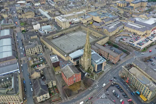 Stock image Aerial photo of the famous Piece Hall in the Blackledge area of Halifax in Calderdale in West Yorkshire, England, showing the historic stone build building in the town centre.